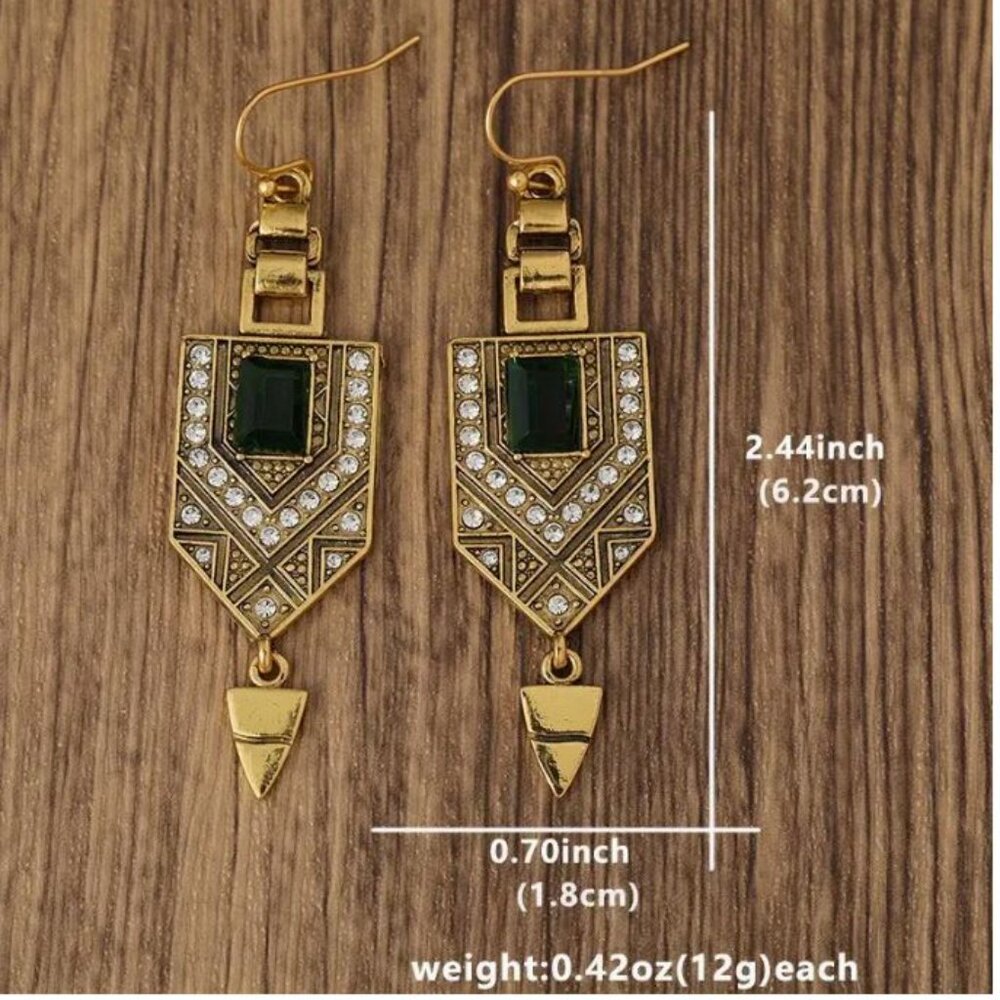 NEW Vanessa Edwardian Art Deco Gold and Emerald Green Geometric Drop Earrings - Picture 5 of 5
